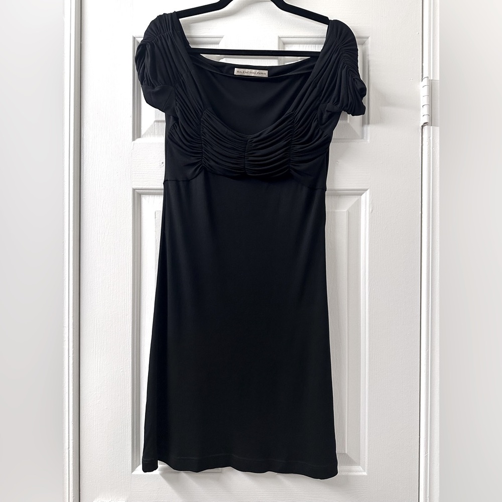 Balenciaga LBD Vintage Draped Ruched Dress | Black Mini | Size 40 - Picture 4 of 14